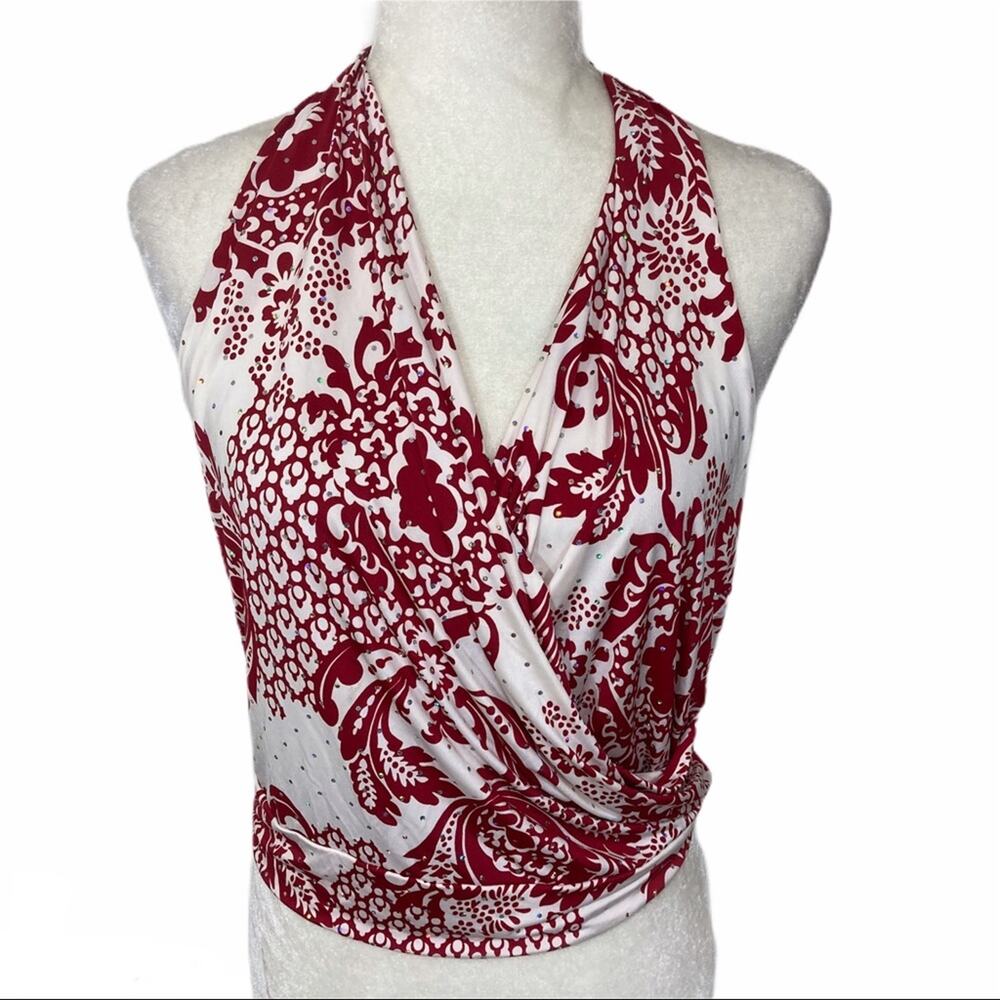 Floral sparkly halter top, Monaco ladies large red & white sequin surplice